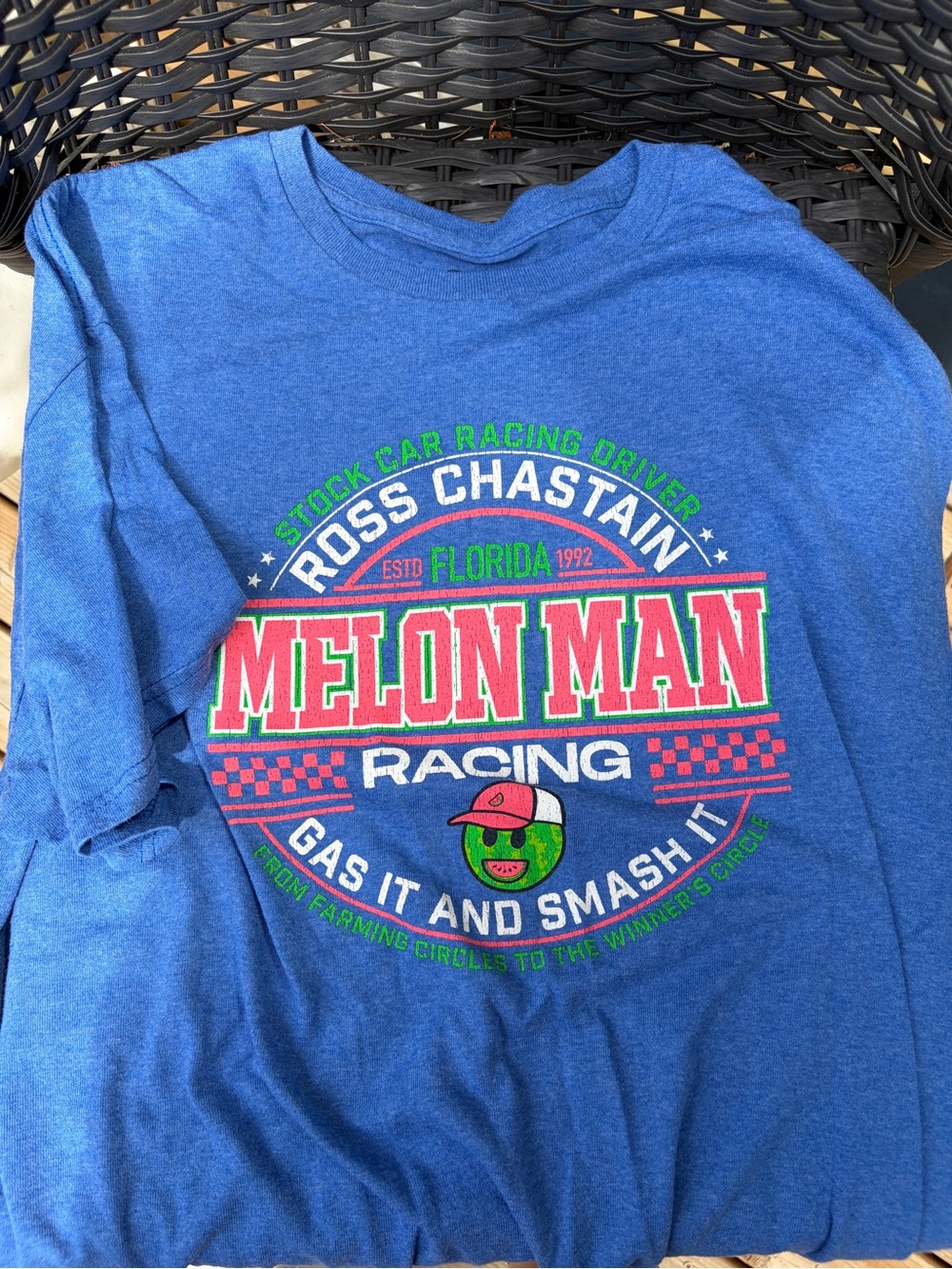 Checkered Flag Ross Chastain Melon Man "Gas It & Smash It" Royal Blue Tee. XL
